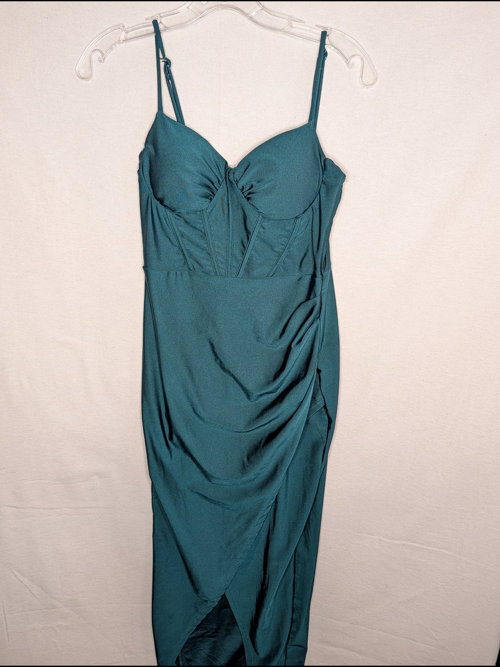 Teal Spaghetti-Strap Ruched Satin Wedding Dress by